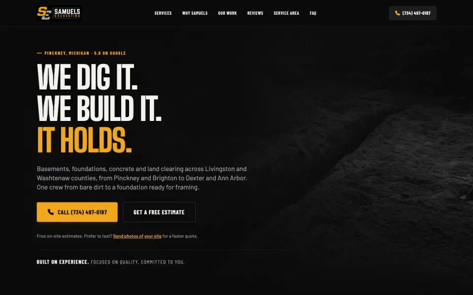 Samuels Excavating homepage